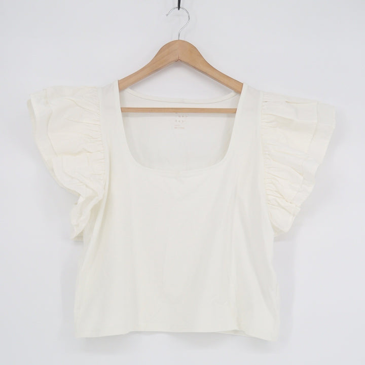 A New Day White Ruffle Flutter Sleeve Square Neck Top Large