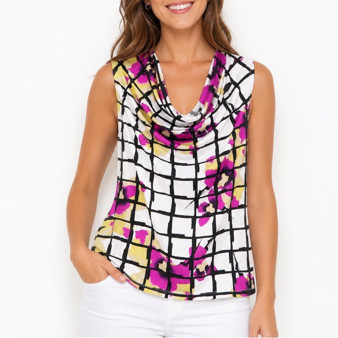 Worthington Womens XL Cowl Neck Sleeveless Blouse Floral Grid Magenta