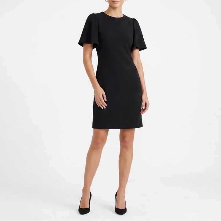 Eliza J Black Flutter Sleeve Sheath Dress Size 6 Round Neck Crepe Zip Back