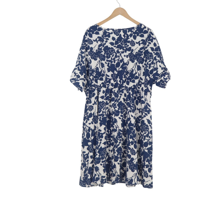 Shein Curve 3XL Blue White Floral Short Sleeve Midi Dress Elastic Waist