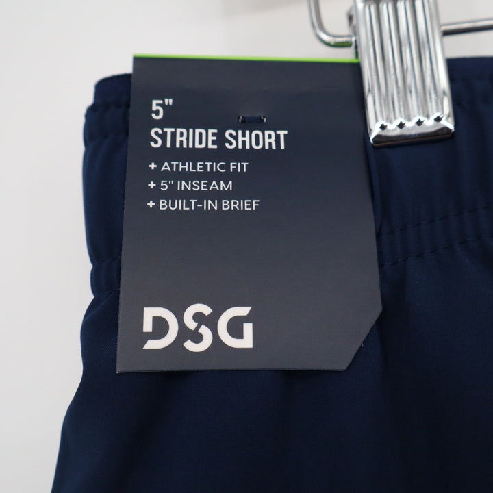DSG Mens Stride Running Shorts Navy Blue 5 Inch Inseam Built-in Brief Large NEW