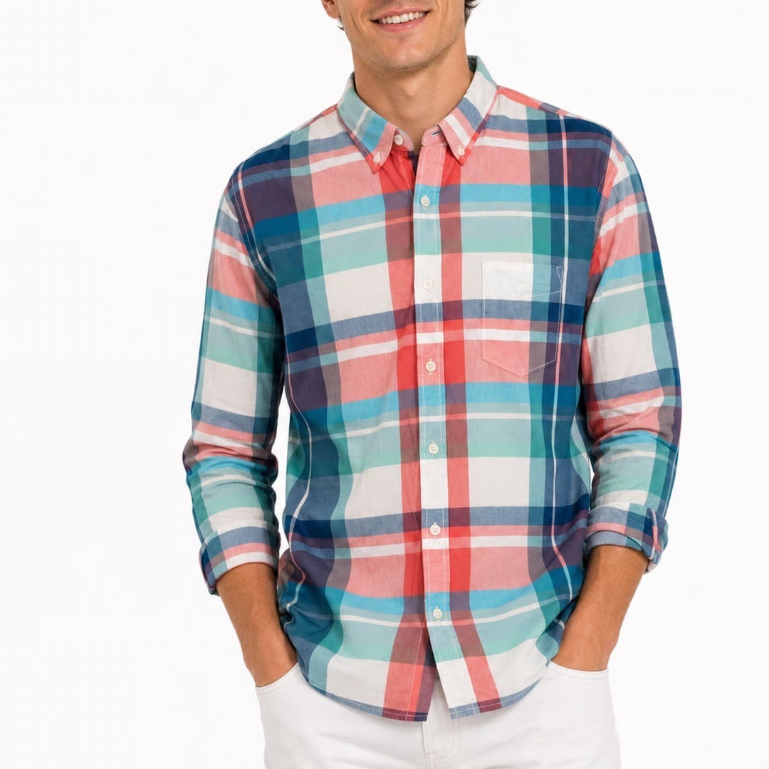 Aeropostale Mens Large Plaid Button Down Shirt Teal Coral White Cotton