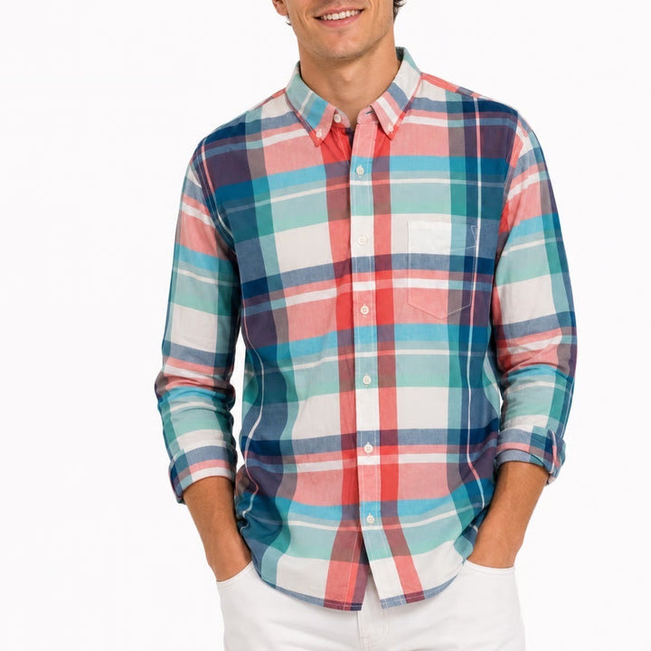 Aeropostale Mens Large Plaid Button Down Shirt Teal Coral White Cotton