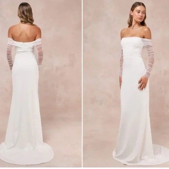 Lulus Beautifully Beloved White Mesh Off-The-Shoulder Maxi Dress Size XXS