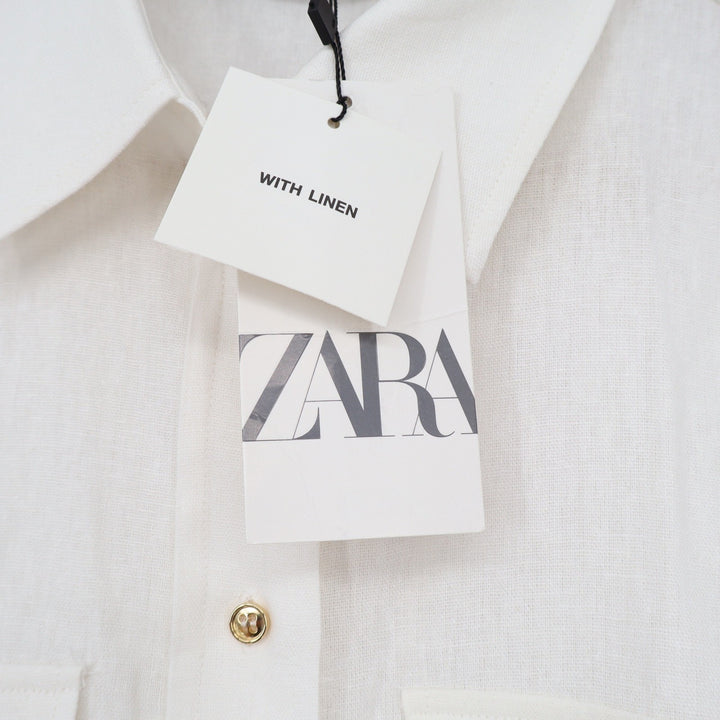 Zara Linen Shirt Womens S 2865/709/250 Off-White Button-Down Pocket NEW