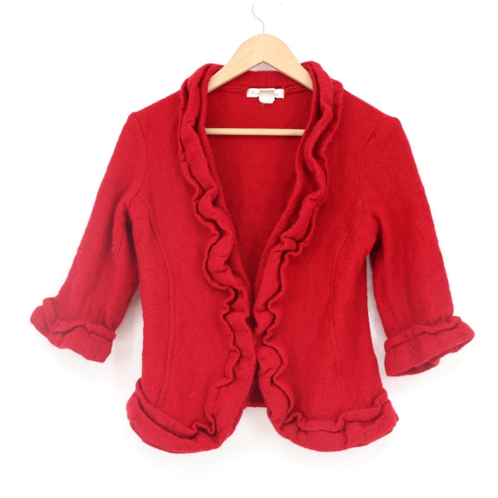 Susan Bristol Red 100% Boiled Wool Ruffle Trim Open Front Cardigan Sweater Small