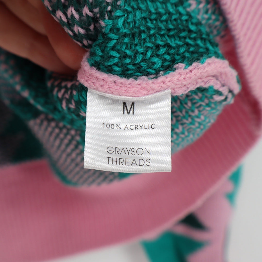 Grayson Threads Pink Teal Green Geometric Tree Knit Sweater Medium Holiday