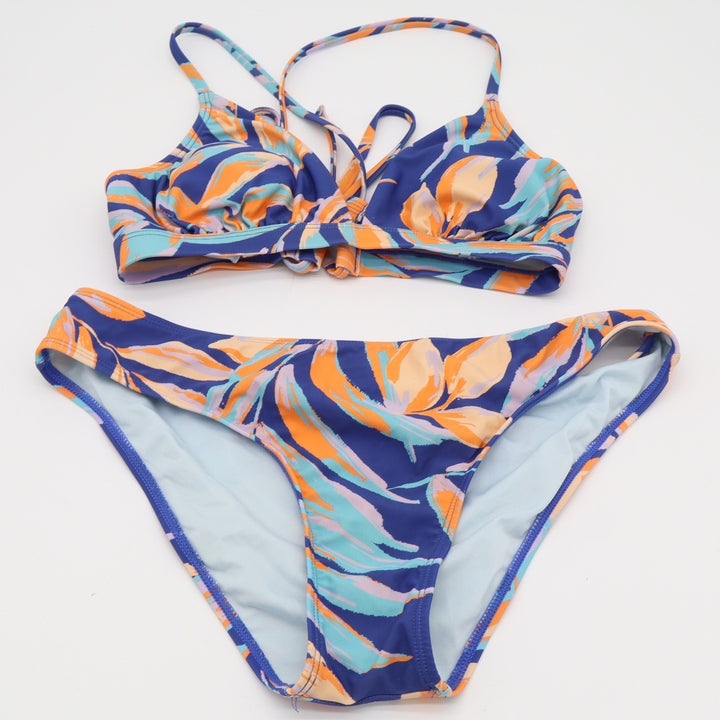 Tropical Leaf Print Bikini Set Blue Orange Aqua Bralette Hipster Swimsuit