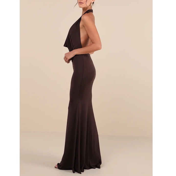 Lulus Chocolate Brown Cowl Neck Halter Maxi Dress Womens XL Low Back Jersey Knit