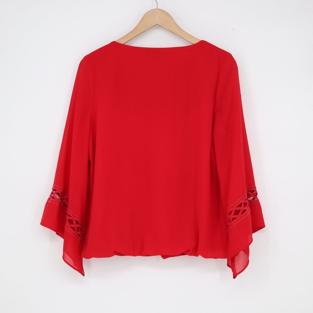 BCX Red Bell Sleeve Blouse Lattice Crochet Pleated Front Chiffon Top Large