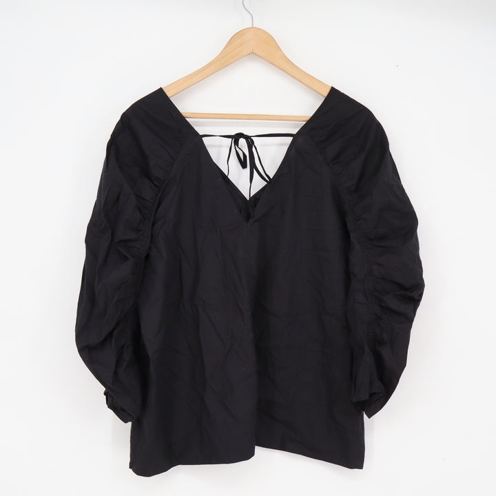 LOFT Blouse Women's L Black Puff Ruched Sleeve Tie Back New