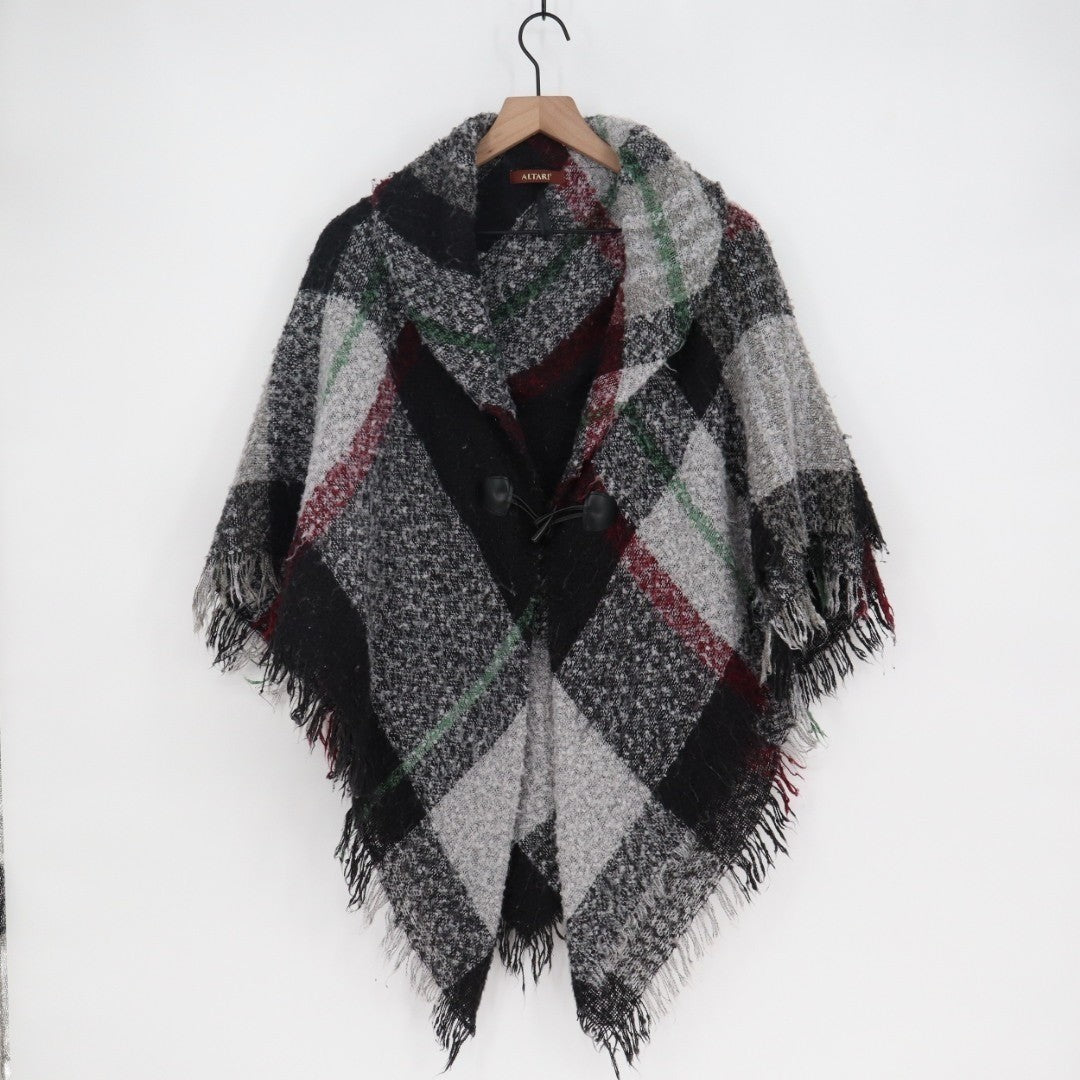 Altare Poncho Shrug Womens Gray Plaid Fringe Toggle Shawl Lapel Wrap Street Wear