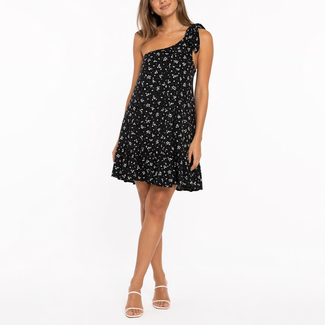 American Eagle Outfitters One Shoulder A Line Dress Womens Medium Black Floral