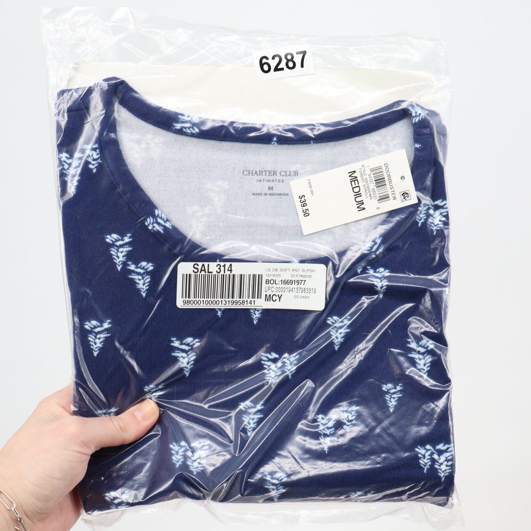 Charter Club Intimates Mens Navy Blue Floral Soft Knit Long Sleeve Sleepshirt M