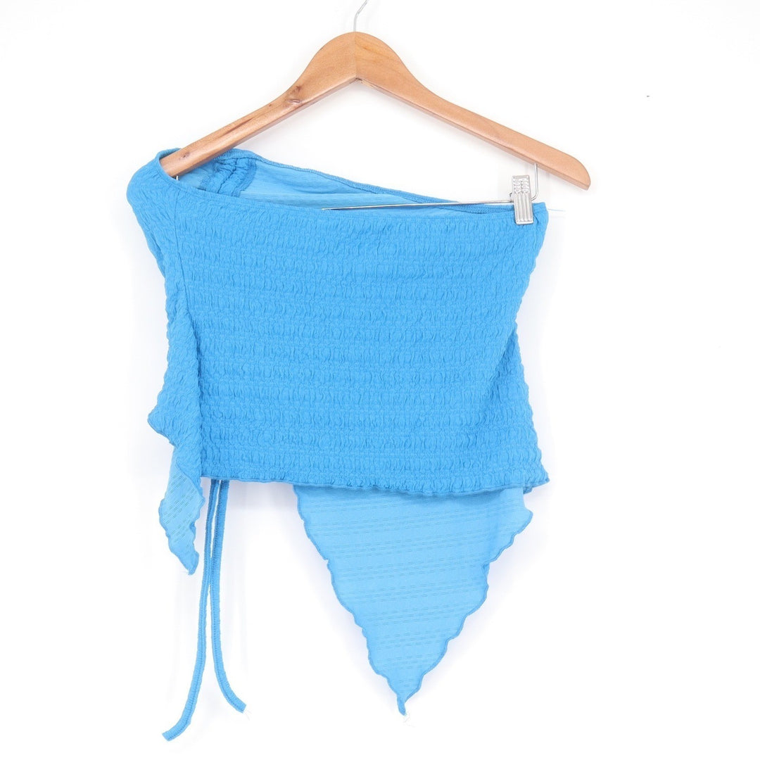 SHEIN Blue Textured Asymmetrical Tube Top Handkerchief Hem Drawstring Size M