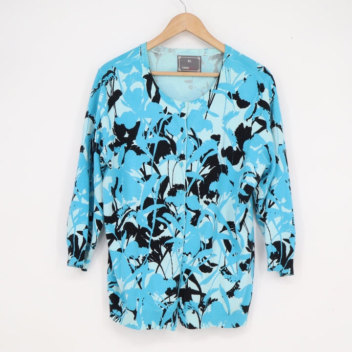 IZOD Silver Crest Womens XL Blue Black Floral Leaf Cotton Cardigan Sweater