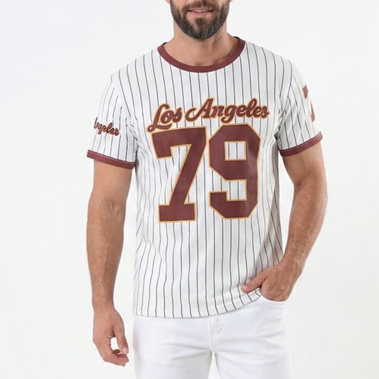 Los Angeles 79 Pinstripe Baseball Graphic T-Shirt Maroon White Large