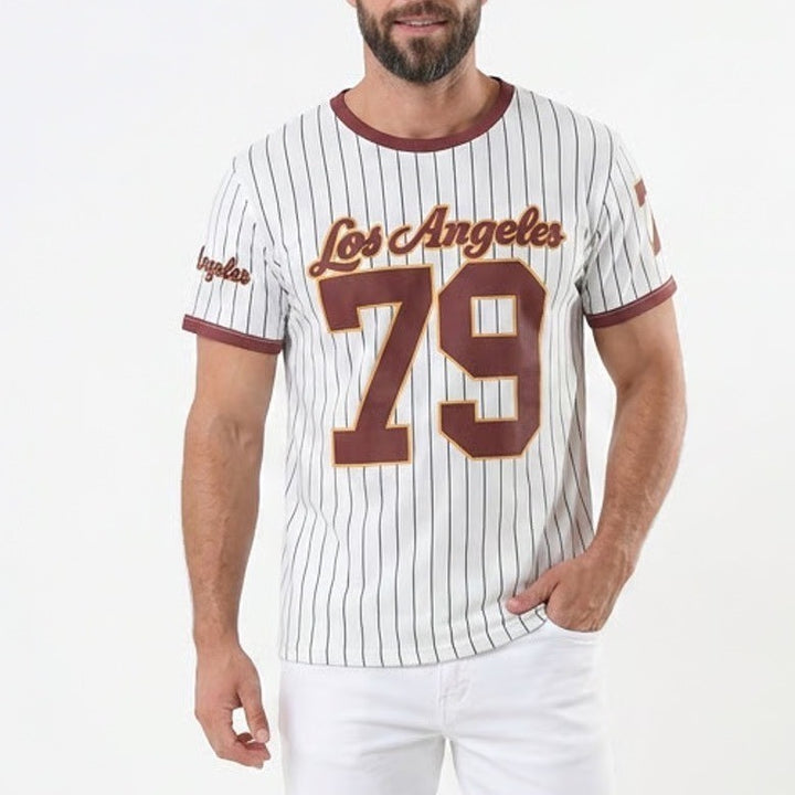 Los Angeles 79 Pinstripe Baseball Graphic T-Shirt Maroon White Large