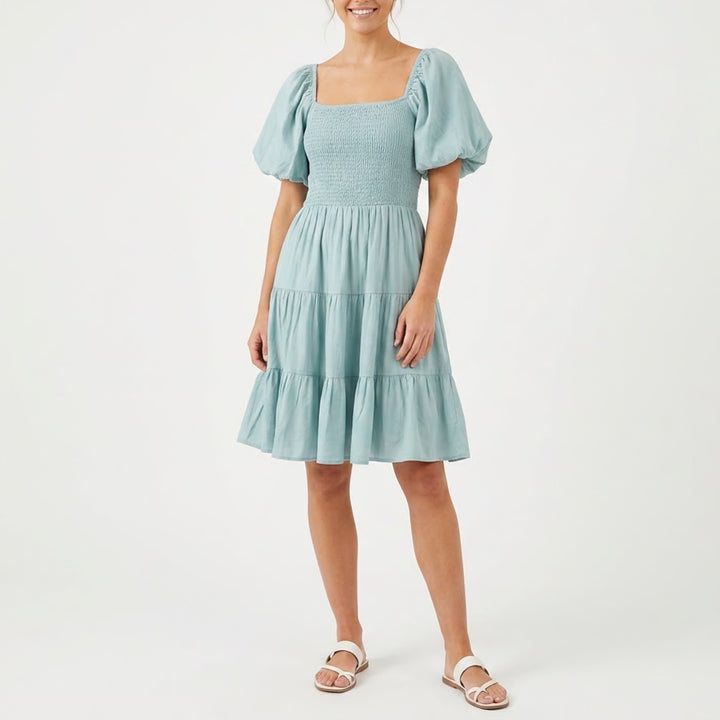 Zesica Light Blue Smocked Puff Sleeve Tiered Mini Dress Large NWT