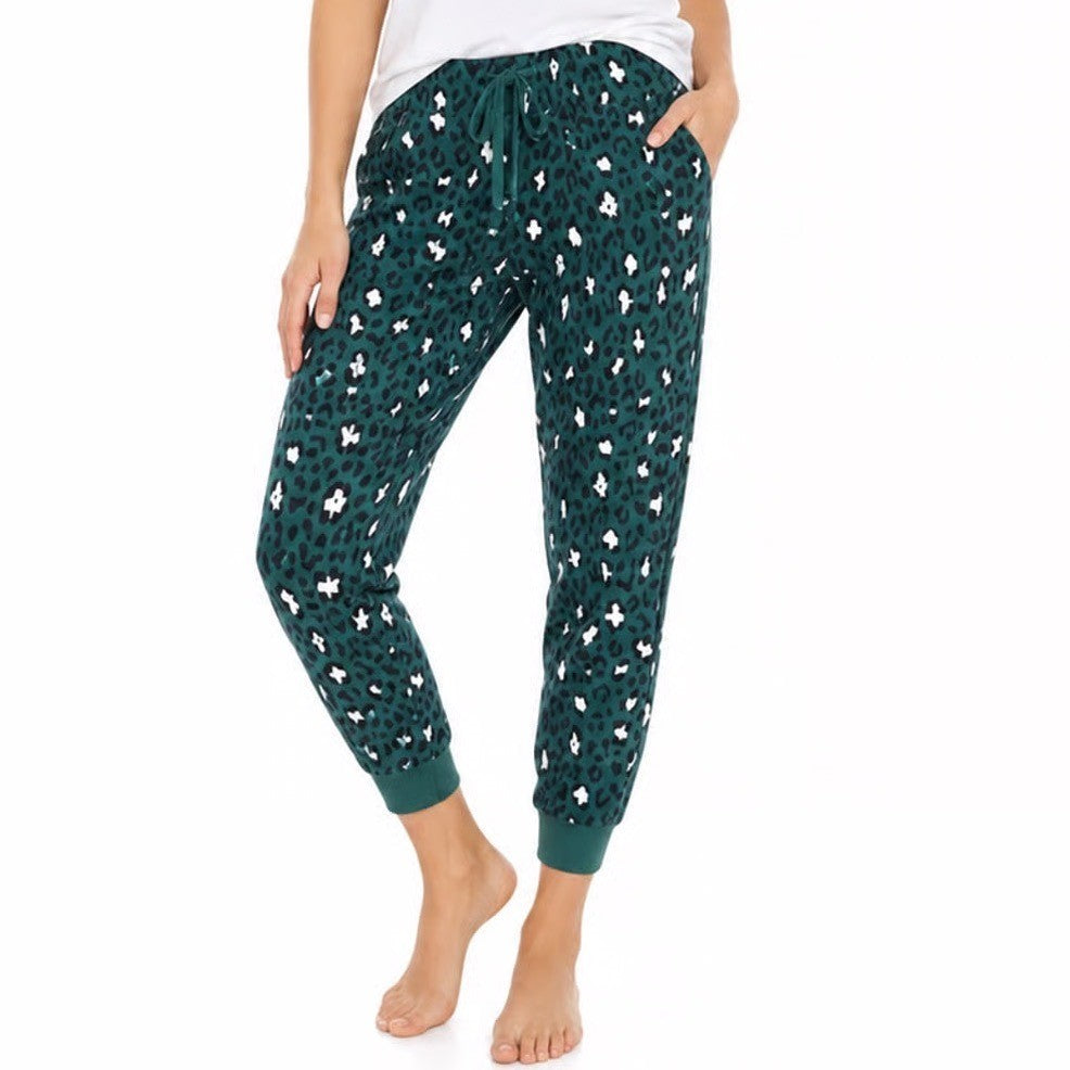 Jenni Intimates Womens Green Leopard Print Cotton Pajama Jogger Pants Size M