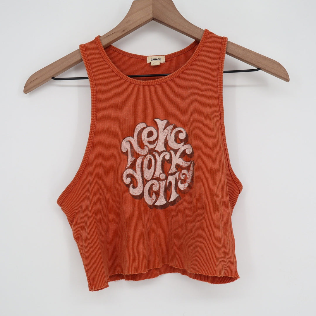 Garage Womens Ribbed Crop Tank Top Burnt Orange New York City Graphic Size M