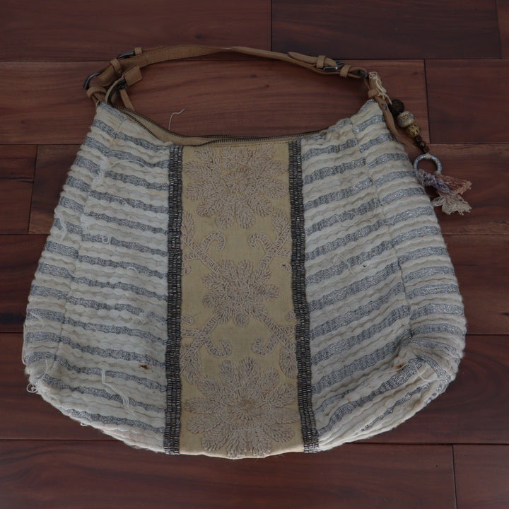 Jasper & Jeera Boho Fringe Beaded Cream Silver Striped Hobo Bag