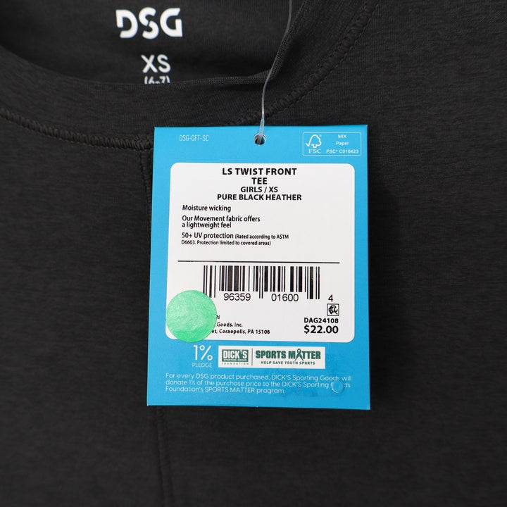 DSG Girls LS Twist Front Tee Pure Black Heather XS 6-7 Long Sleeve