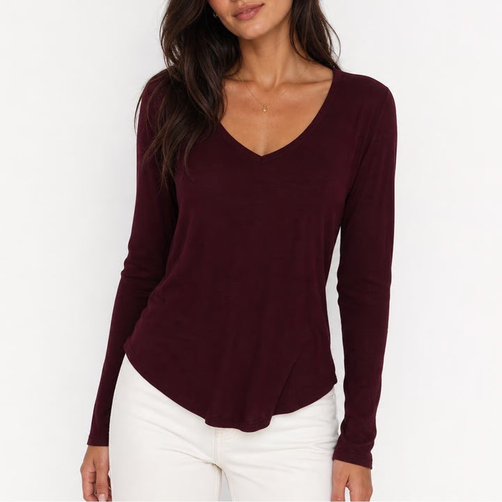 No Boundaries Burgundy V-Neck Long Sleeve Top Curved Hem XS