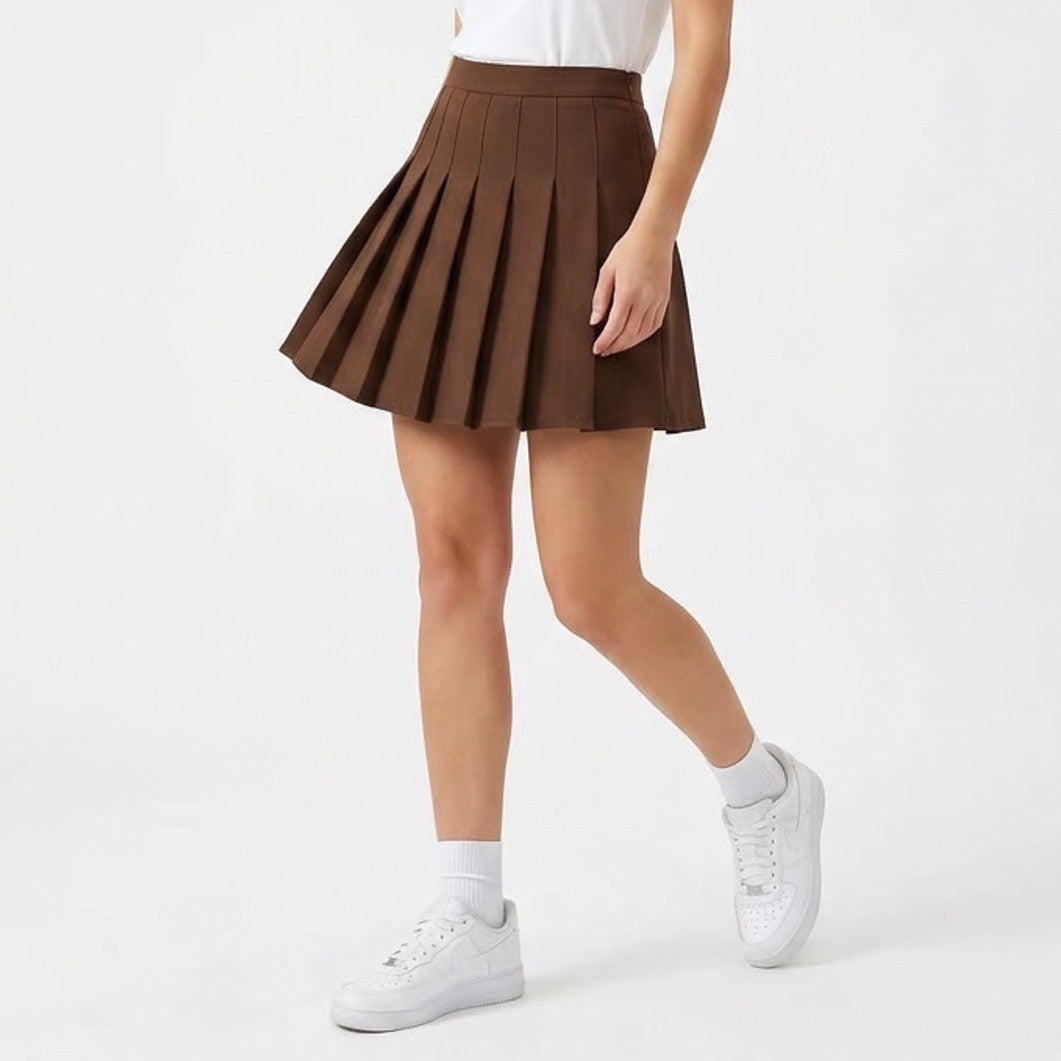 Brown Pleated Mini Skirt High Waisted Academic Schoolgirl Style XL