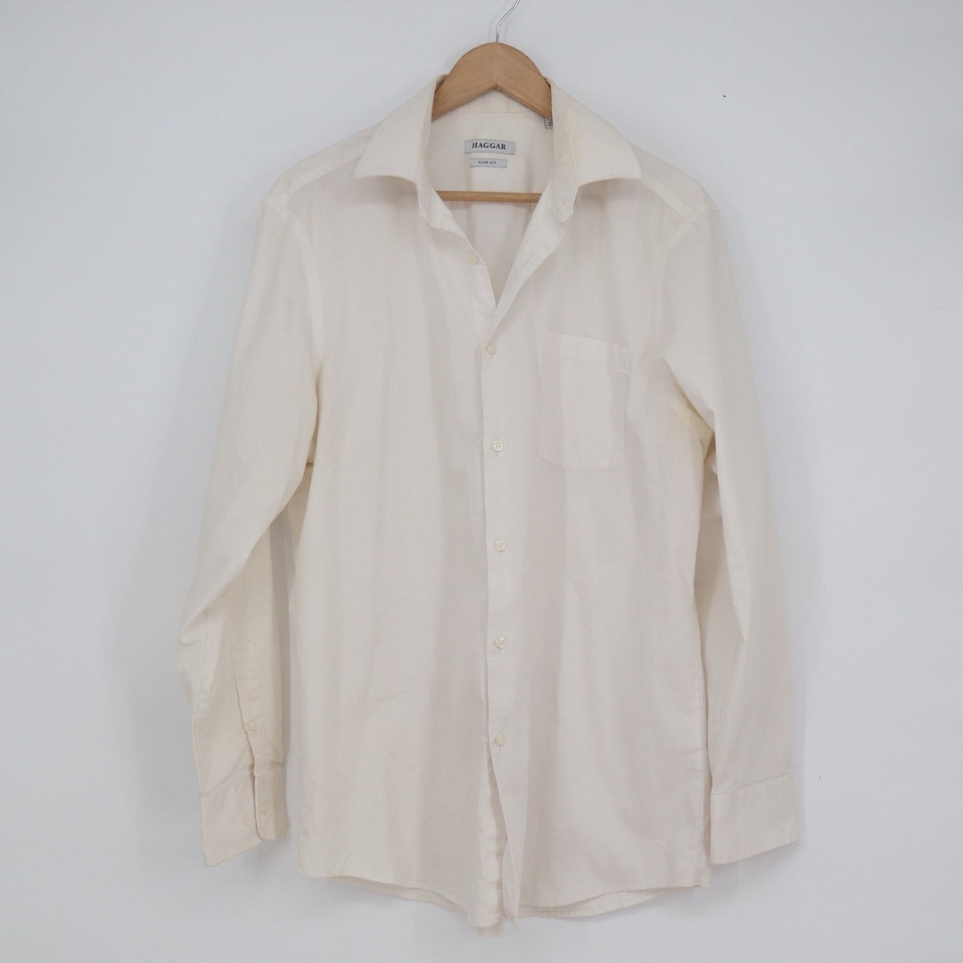 Haggar Mens Slim Fit Dress Shirt Cream Long Sleeve Stretch Cotton 16-16.5 34/35