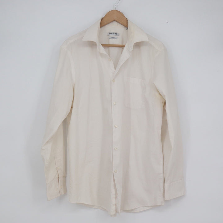 Haggar Mens Slim Fit Dress Shirt Cream Long Sleeve Stretch Cotton 16-16.5 34/35