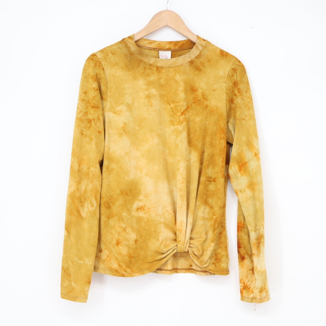 Belle du Jour Mustard Yellow Tie Dye Front Twist Long Sleeve Top Large