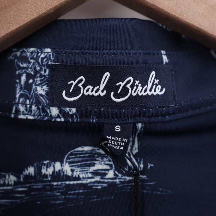 Bad Birdie Mens Yeehaw Core Polo Shirt Navy Blue Cowboy Print S