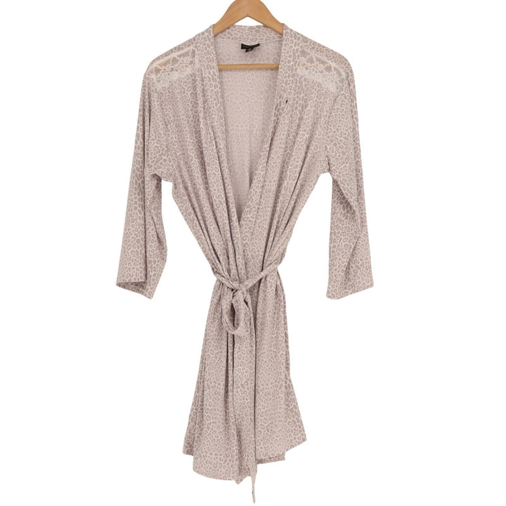Elie Tahari Robe Womens Small Beige Stretch Leopard Print Tie Waist Sleep Wear