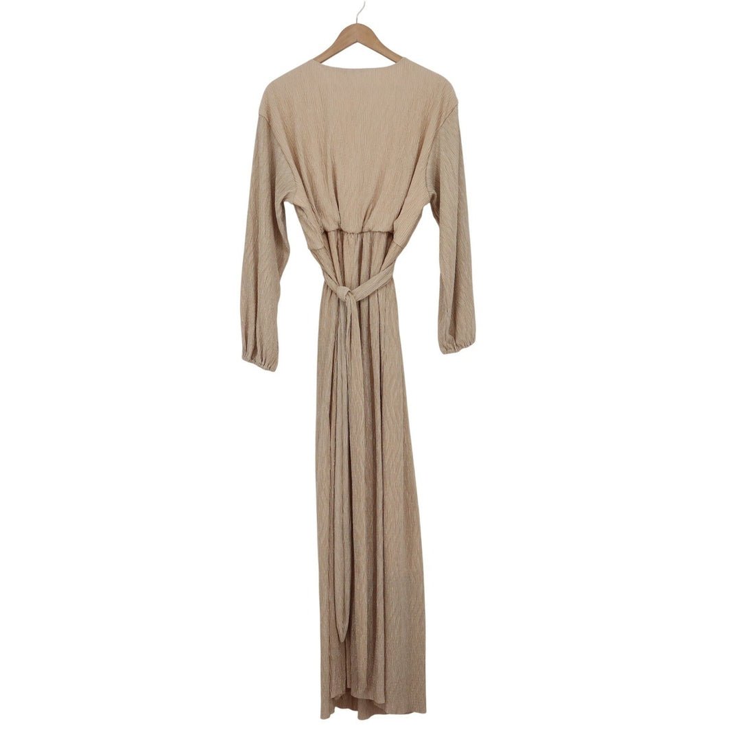 Crescent Deep V Maxi Dress Champagne Crinkle Textured Long Sleeve L NEW
