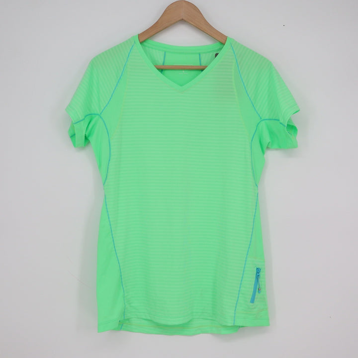 Kirkland Signature Womens Neon Green Striped Active Tee V-Neck Shirt Small