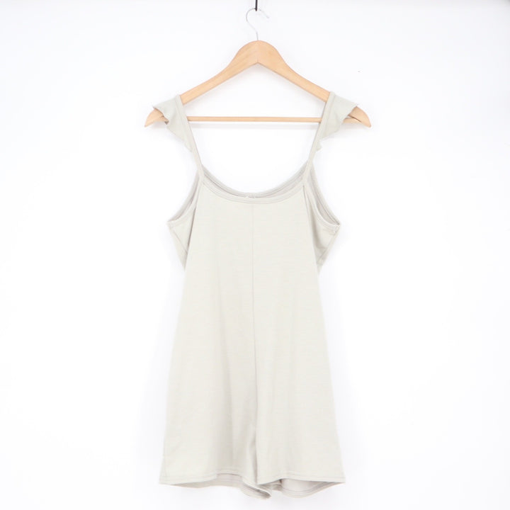 Sleeveless Ruffle Strap Romper Light Sage Green Front Pockets Size S
