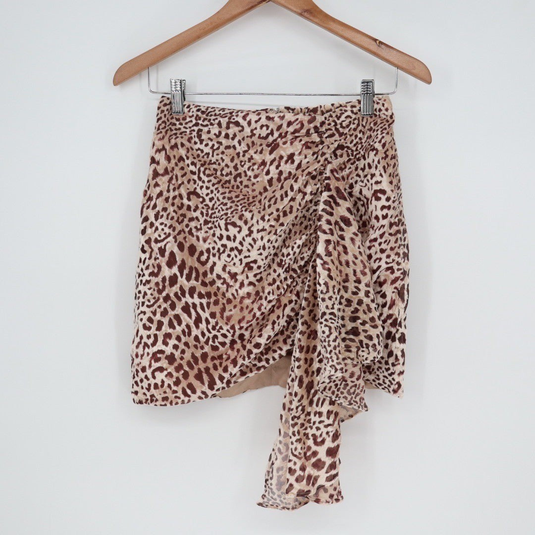 Naked Wardrobe Leopard Print Asymmetrical Mini Skirt NWSP20-SK5 Brown Medium