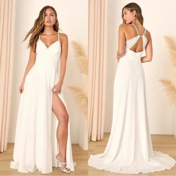 Lulus Romantic Inspiration White Sleeveless Faux-Wrap Maxi Dress Size L
