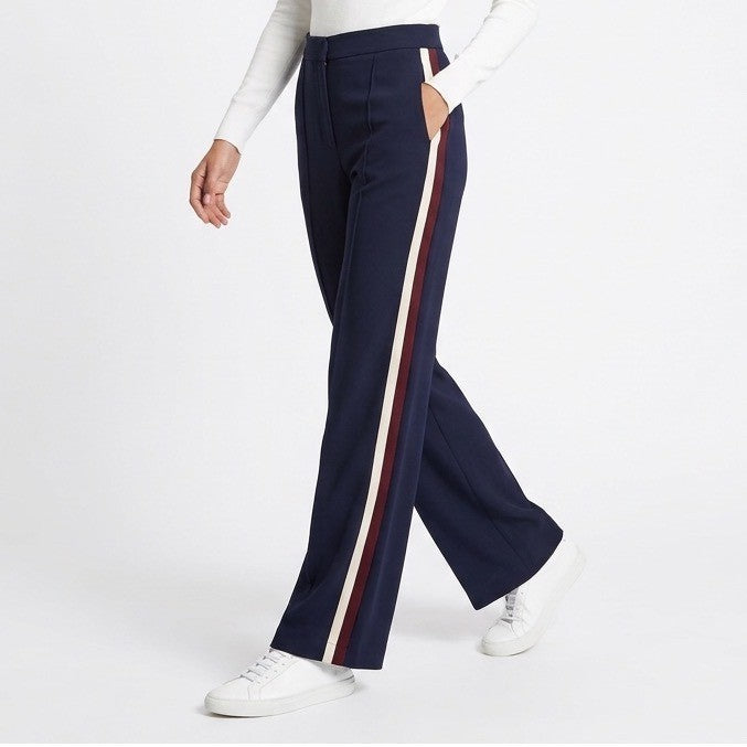Trousers Womens Small Navy Side Stripe Slash Pockets Pull On High Rise Wide Leg