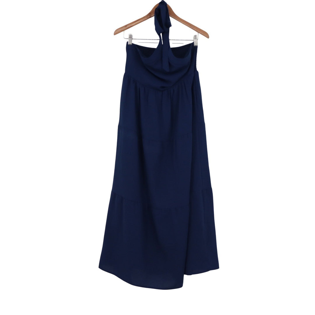 Navy Blue Smocked Halter Maxi Dress Tiered Boho Summer Sun Dress Large