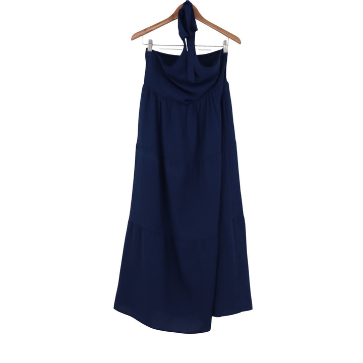 Navy Blue Smocked Halter Maxi Dress Tiered Boho Summer Sun Dress Large