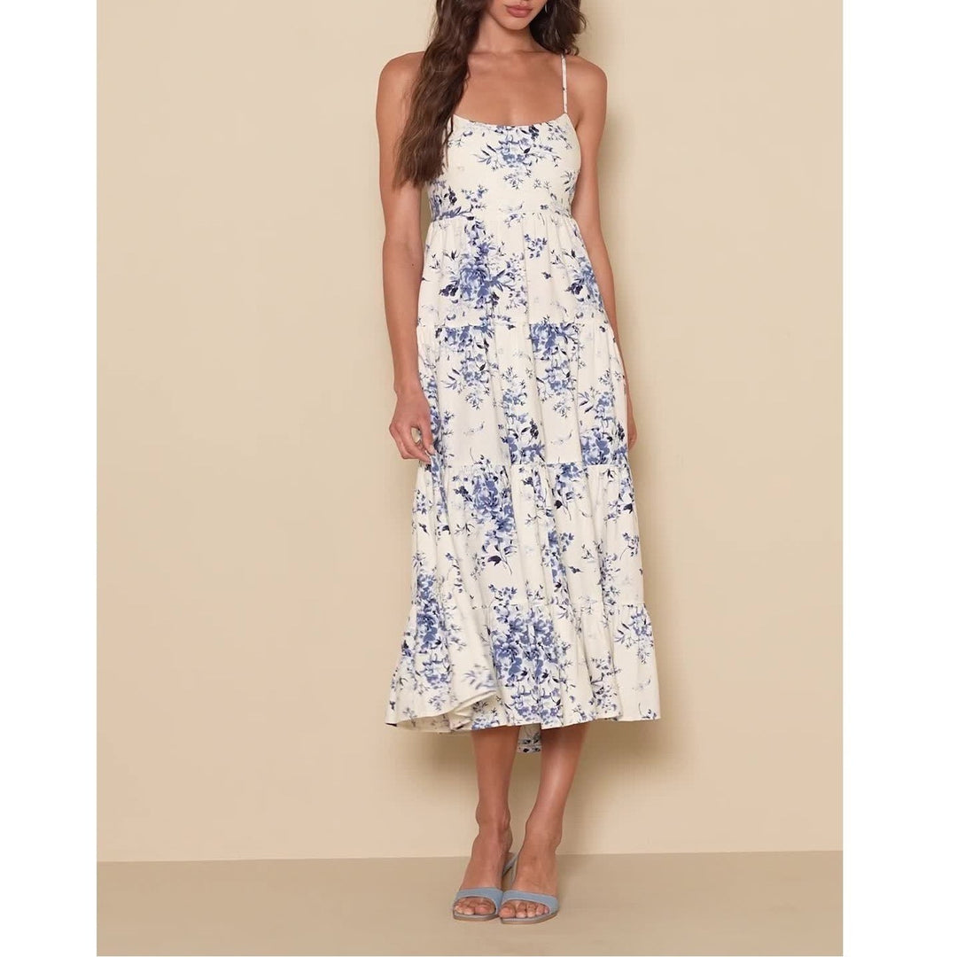 Lulus Mykonos Mood Tiered Midi Dress Womens S Navy Blue Floral Linen Tie-Strap