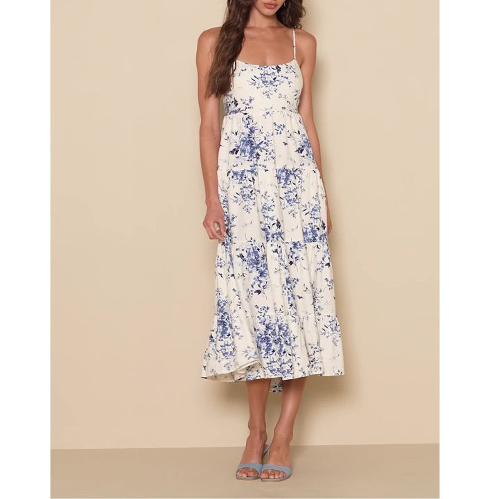Lulus Mykonos Mood Tiered Midi Dress Womens S Navy Blue Floral Linen Tie-Strap