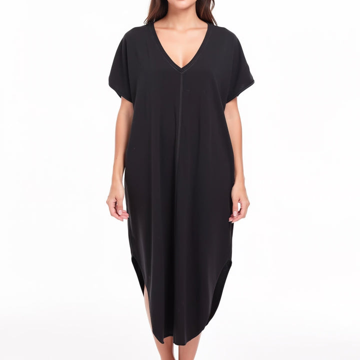 Ascot + Hart T-Shirt Dress Womens Medium Black Short Sleeve Curved Hem V-Neck