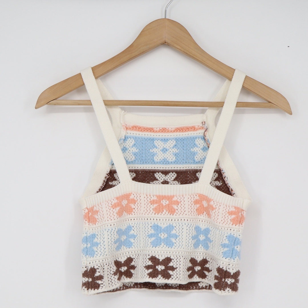 Hippie Rose Tank Top Womens XS Crochet Floral Multi Color Boho Cropped Excellent
