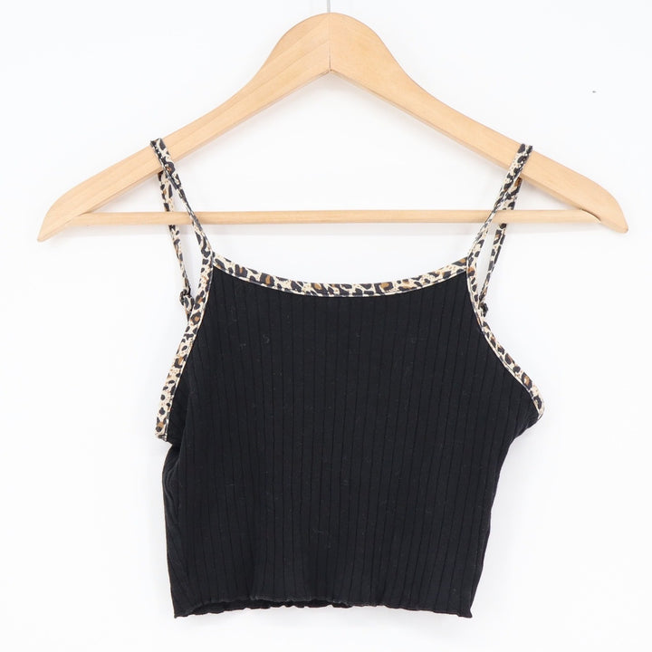 SHEIN Womens XS Black Ribbed Cropped Camisole Top Leopard Print Trim Spaghetti
