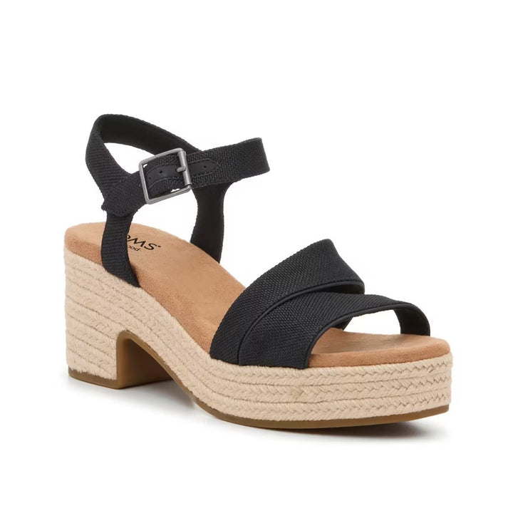 Toms Kiki Strappy Womens US 9 Black Ankle Strap Block Heel Espadrille Sandals