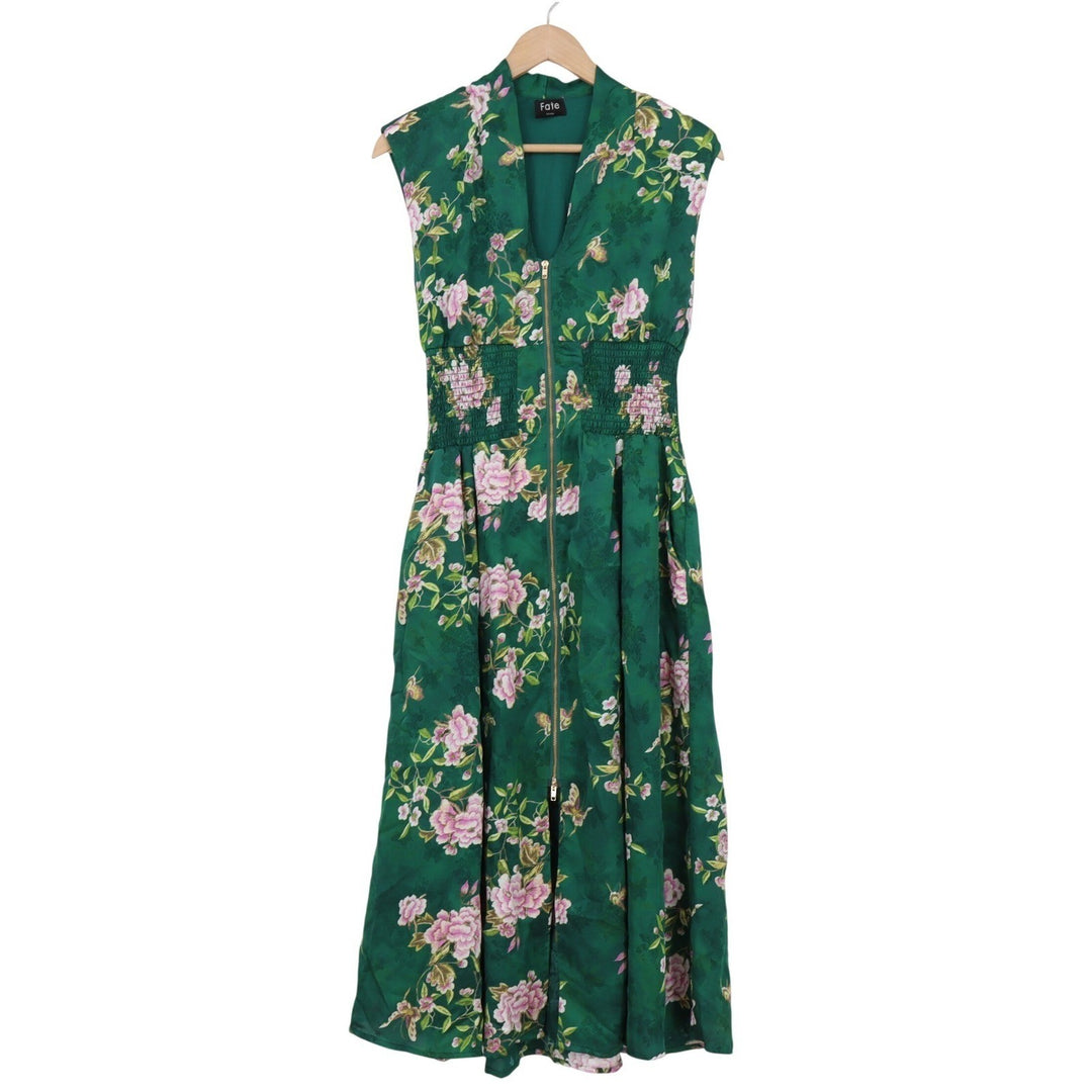 Fate Green Floral Butterfly Print Smocked Waist Zip Front Maxi Dress Small