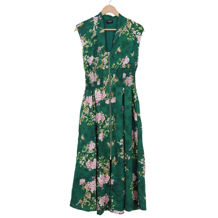 Fate Green Floral Butterfly Print Smocked Waist Zip Front Maxi Dress Small